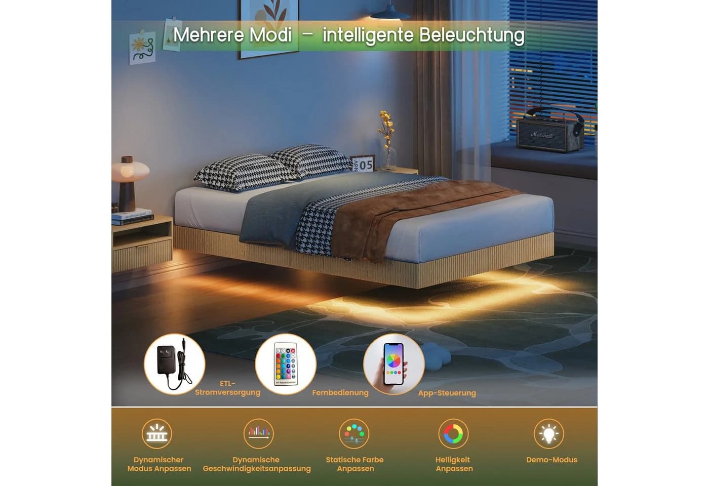 FANNOU Bettgestell mit Stauraum & LED-Beleuchtung, Stabler Rahmen bis 450 kg - Bild 5