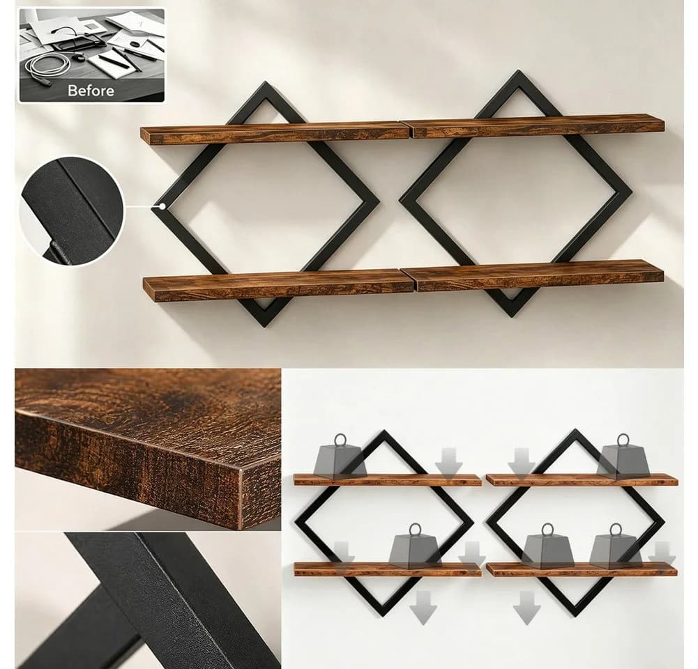 FANNOU Wandregal 2-tlg. Rautenförmig Braun/Schwarz Holz & Metall - Bild 4