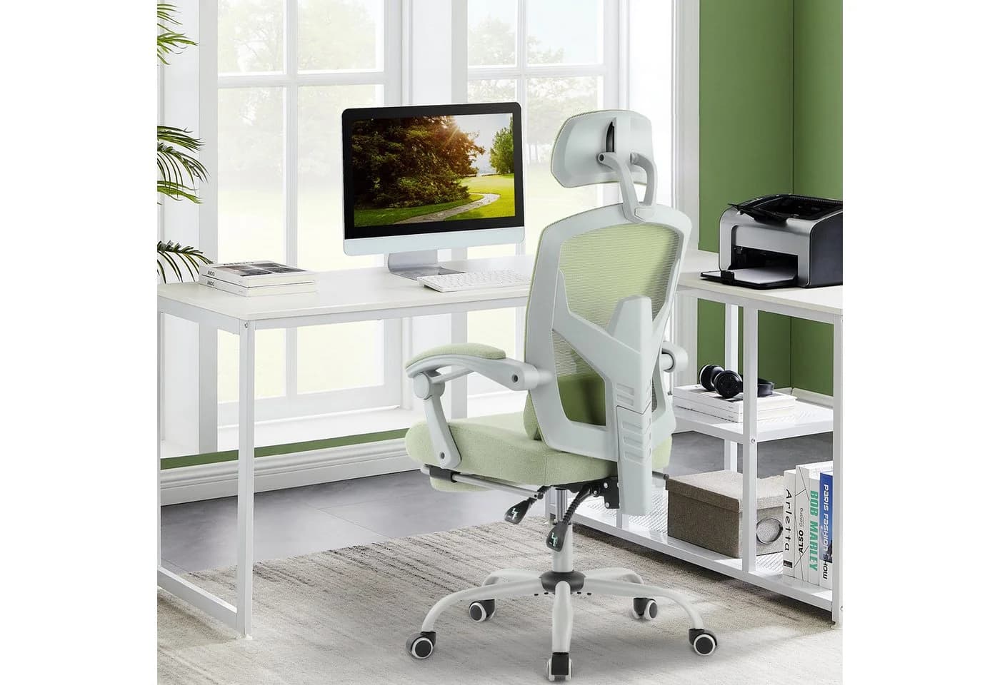 DUMOS Bürostuhl Ergonomisch Schreibtischstuhl Komfortarmlehnen Fußstütze Office Chair, Höhenverstellbarer Sitz mit Fußstütze