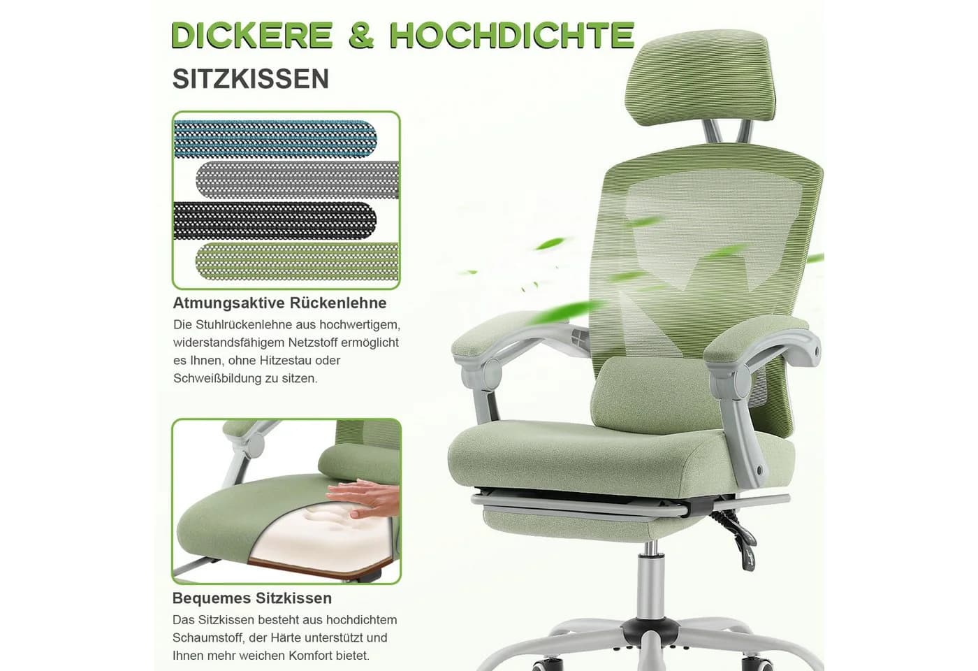 DUMOS Bürostuhl Ergonomisch Schreibtischstuhl Komfortarmlehnen Fußstütze Office Chair, Höhenverstellbarer Sitz mit Fußstütze - Bild 3