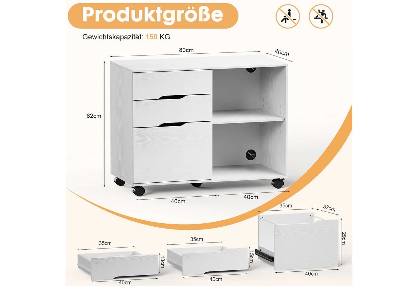 DUMOS Aktenschrank mit 3 Schubladen und Rollen Weiß - Bild 3