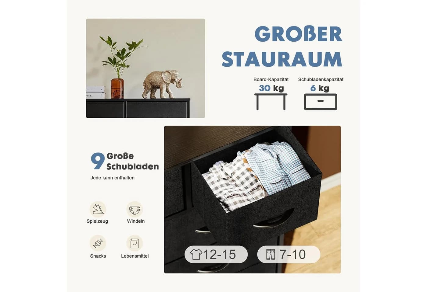 DUMOS Stauraumschrank Kommode mit Stoffschubladen Schwarz - Bild 4
