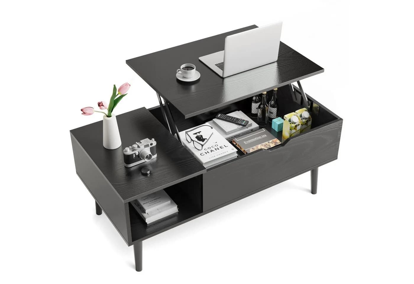 DUMOS Couchtisch Höhenverstellbar Wohnzimmertisch Ausziehbar Stauraum Schwarz - Bild 2