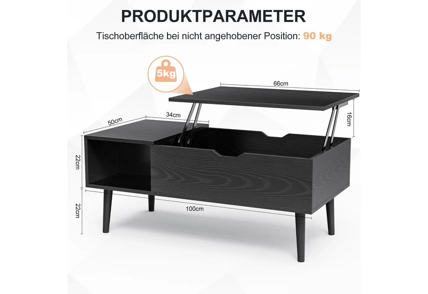 DUMOS Couchtisch Höhenverstellbar Wohnzimmertisch Ausziehbar Stauraum Schwarz - Bild 3