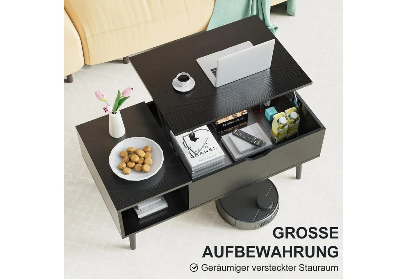 DUMOS Couchtisch Höhenverstellbar Wohnzimmertisch Ausziehbar Stauraum Schwarz - Bild 4