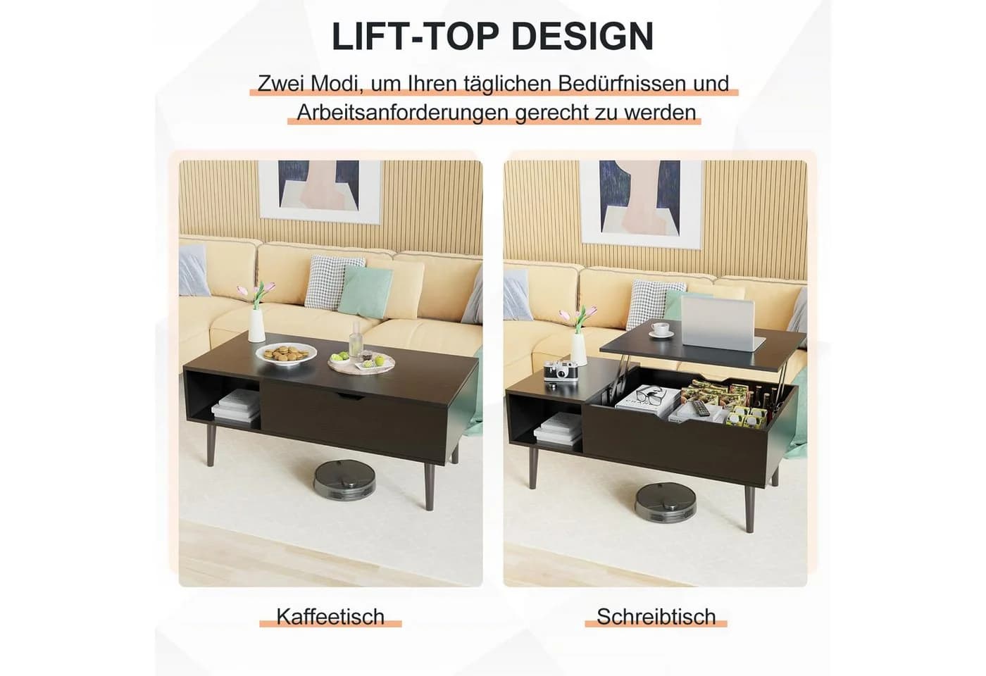 DUMOS Couchtisch Höhenverstellbar Wohnzimmertisch Ausziehbar Stauraum Schwarz - Bild 5