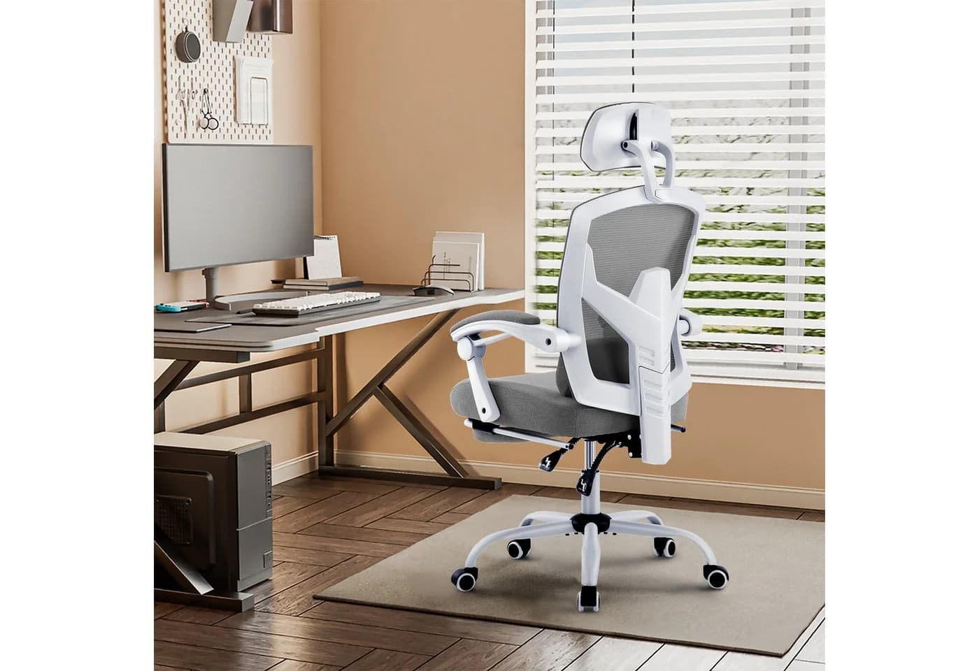 DUMOS Bürostuhl Ergonomisch Schreibtischstuhl Komfortarmlehnen Fußstütze Office Chair, Höhenverstellbarer Sitz mit Fußstütze