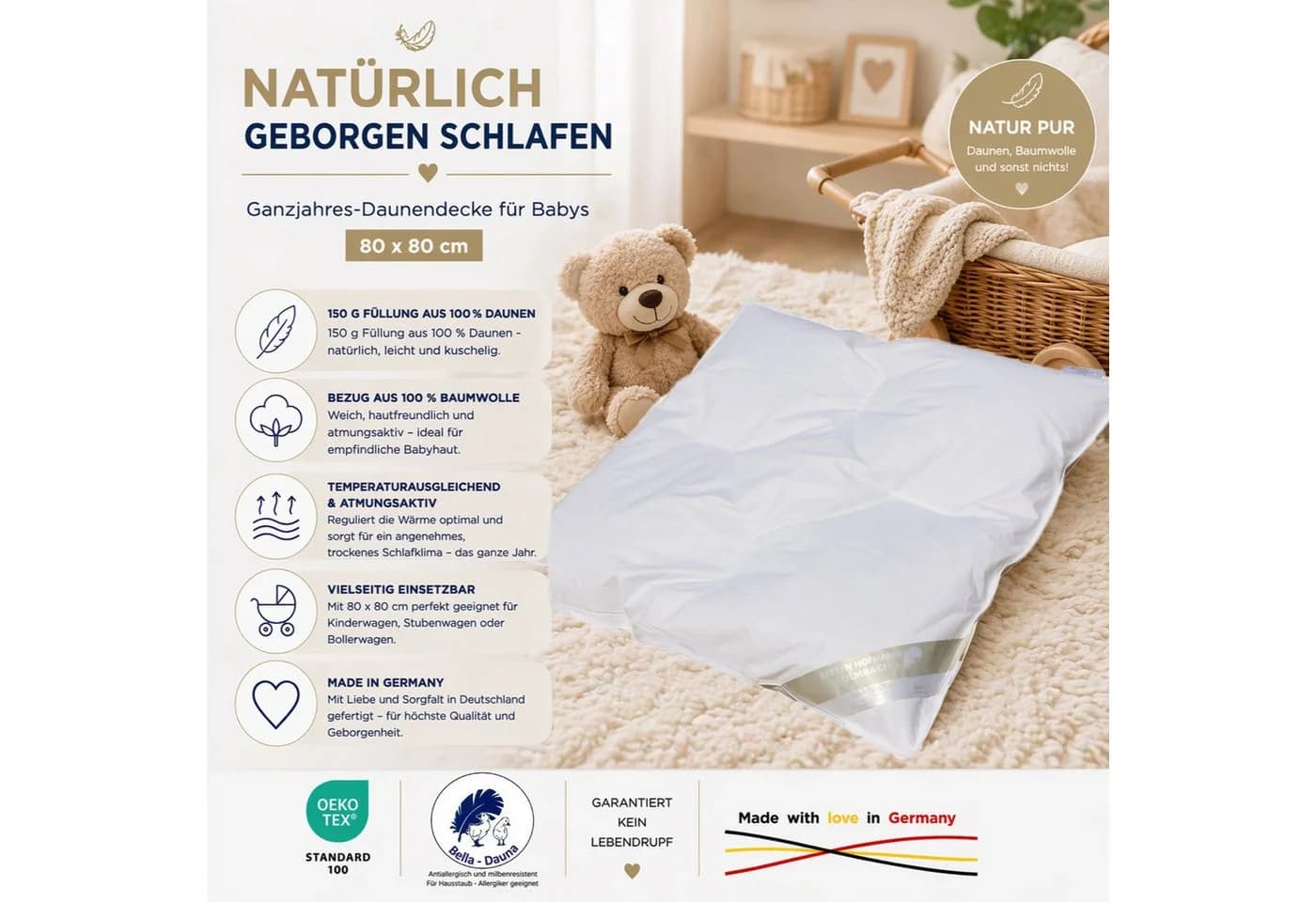 Babybettdecke aus Daunen und Baumwolle, Natur pur Stil, weiß - Bild 5