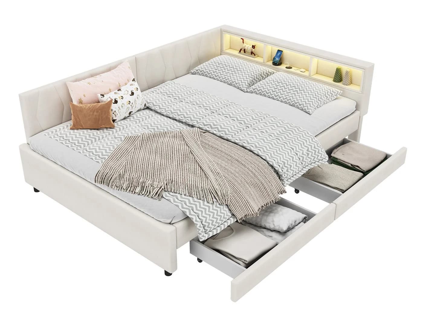 SeedWave Polsterbett Leinen Beige mit LED-Beleuchtung und Schubladen - Bild 2