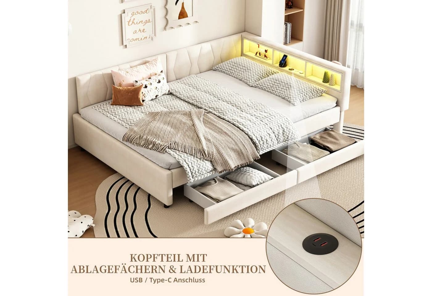 SeedWave Polsterbett Leinen Beige mit LED-Beleuchtung und Schubladen - Bild 4