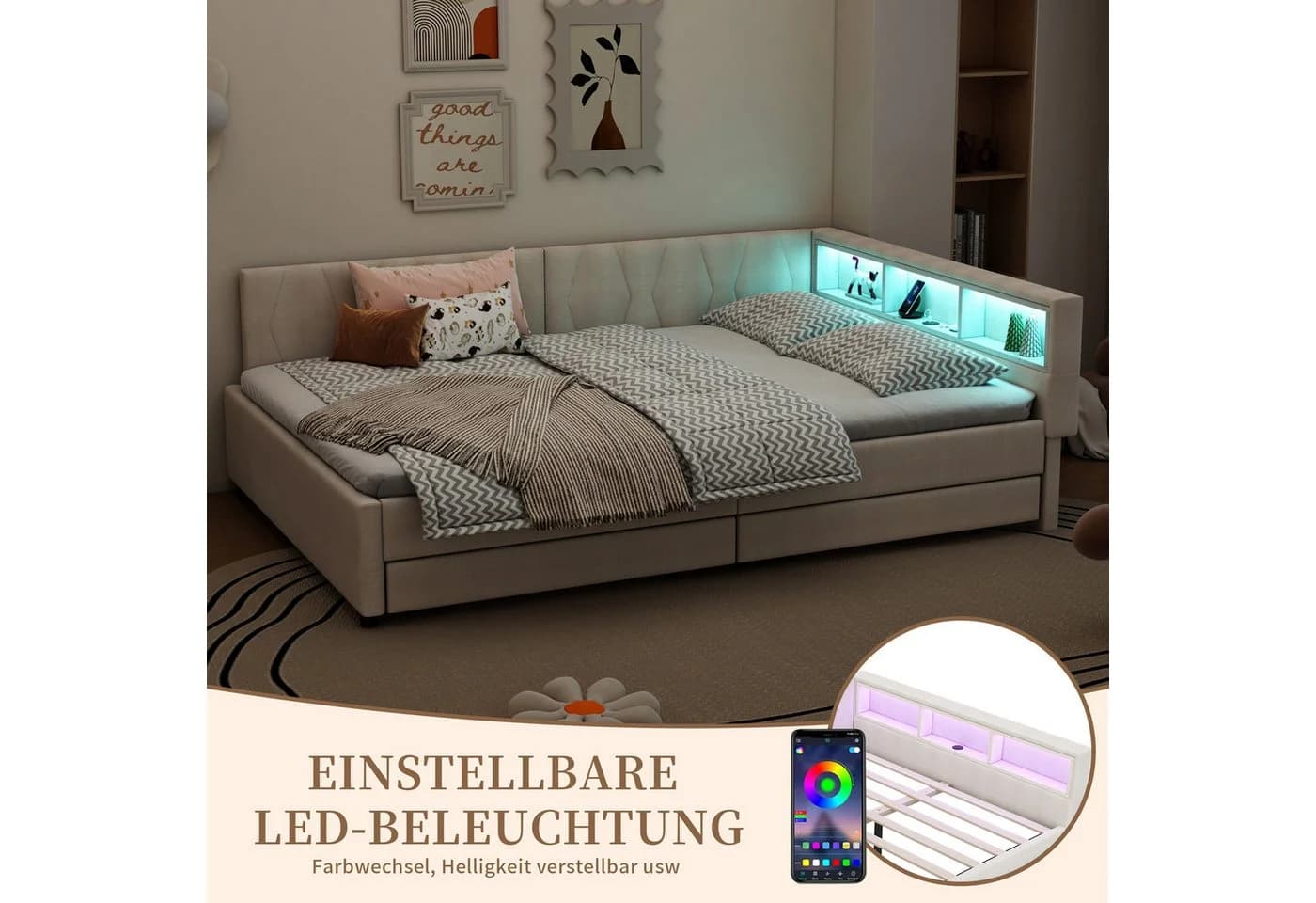 SeedWave Polsterbett Leinen Beige mit LED-Beleuchtung und Schubladen - Bild 5