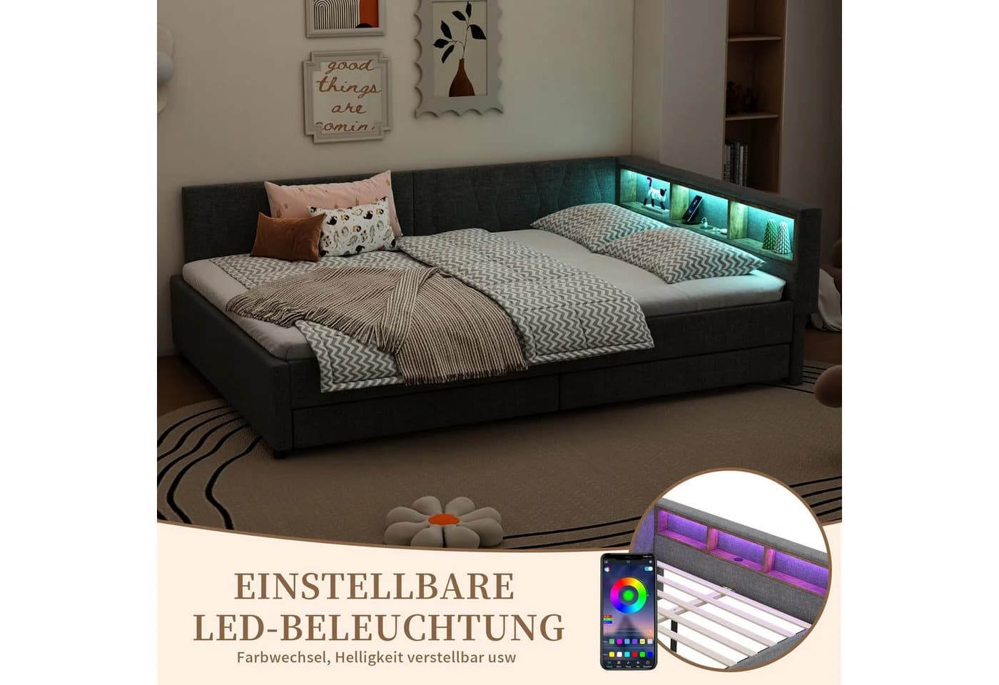 SeedWave Polsterbett Grau mit LED und Schubladen - Bild 5