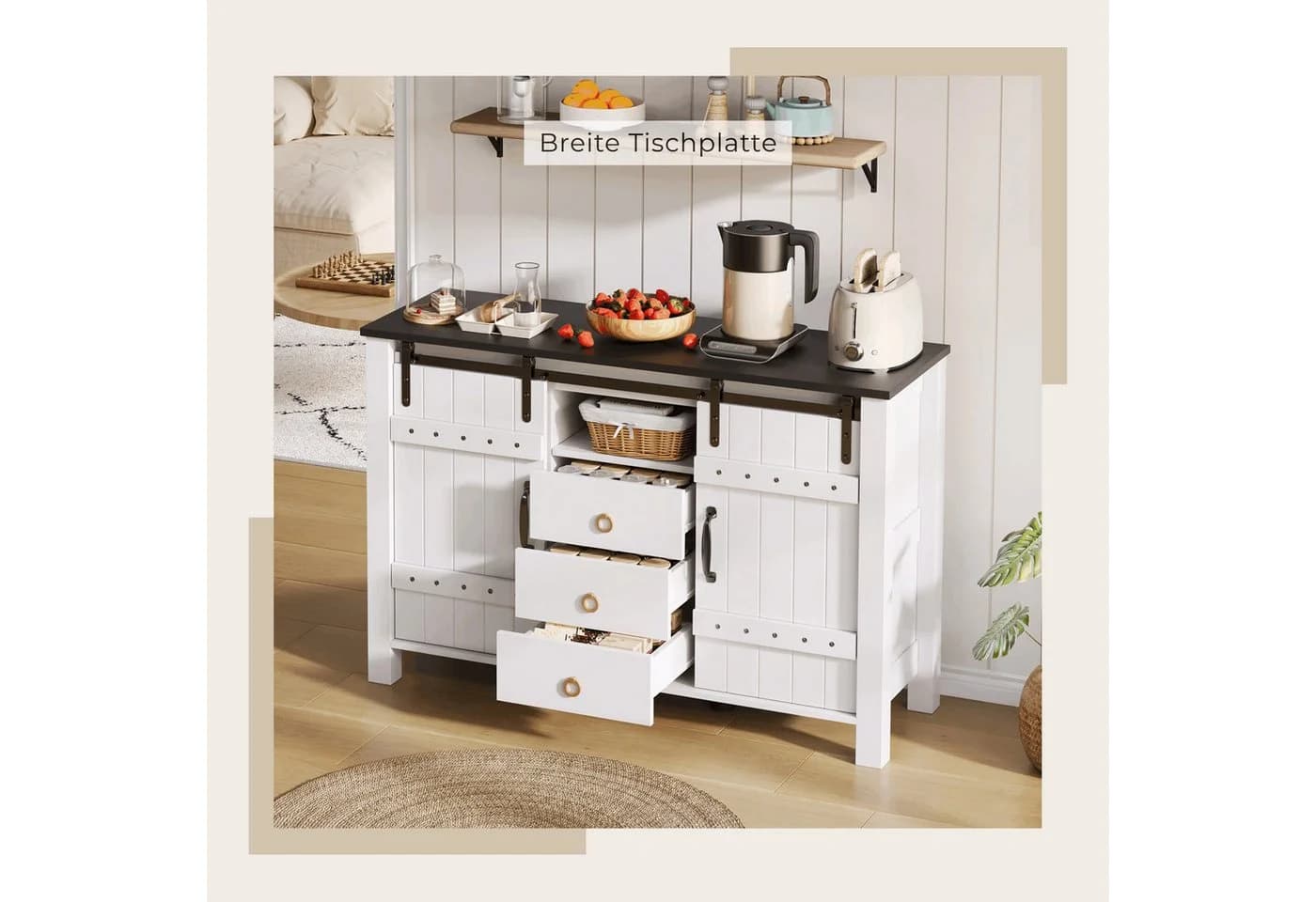 SeedWave Buffet Retro Küchenschrank 120cm Sideboard mit 2 Schiebetüren, Schubladen, Kippschutz-Set - Bild 3