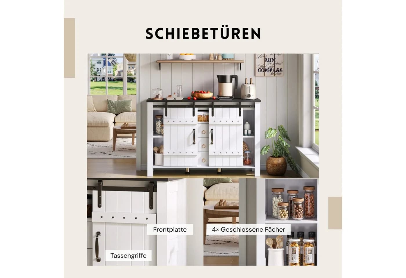 SeedWave Buffet Retro Küchenschrank 120cm Sideboard mit 2 Schiebetüren, Schubladen, Kippschutz-Set - Bild 4