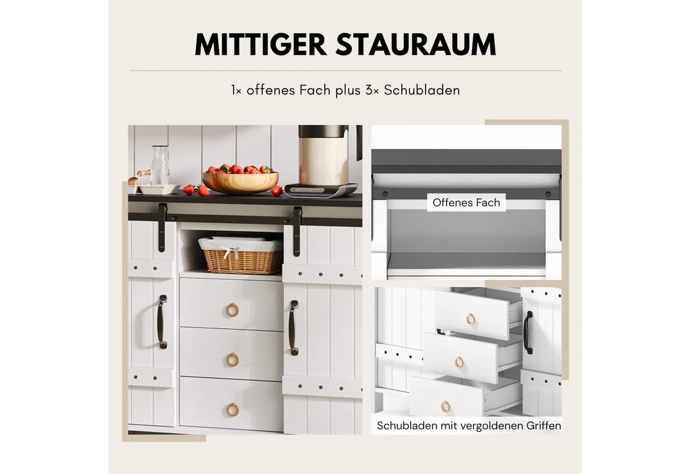 SeedWave Buffet Retro Küchenschrank 120cm Sideboard mit 2 Schiebetüren, Schubladen, Kippschutz-Set - Bild 5