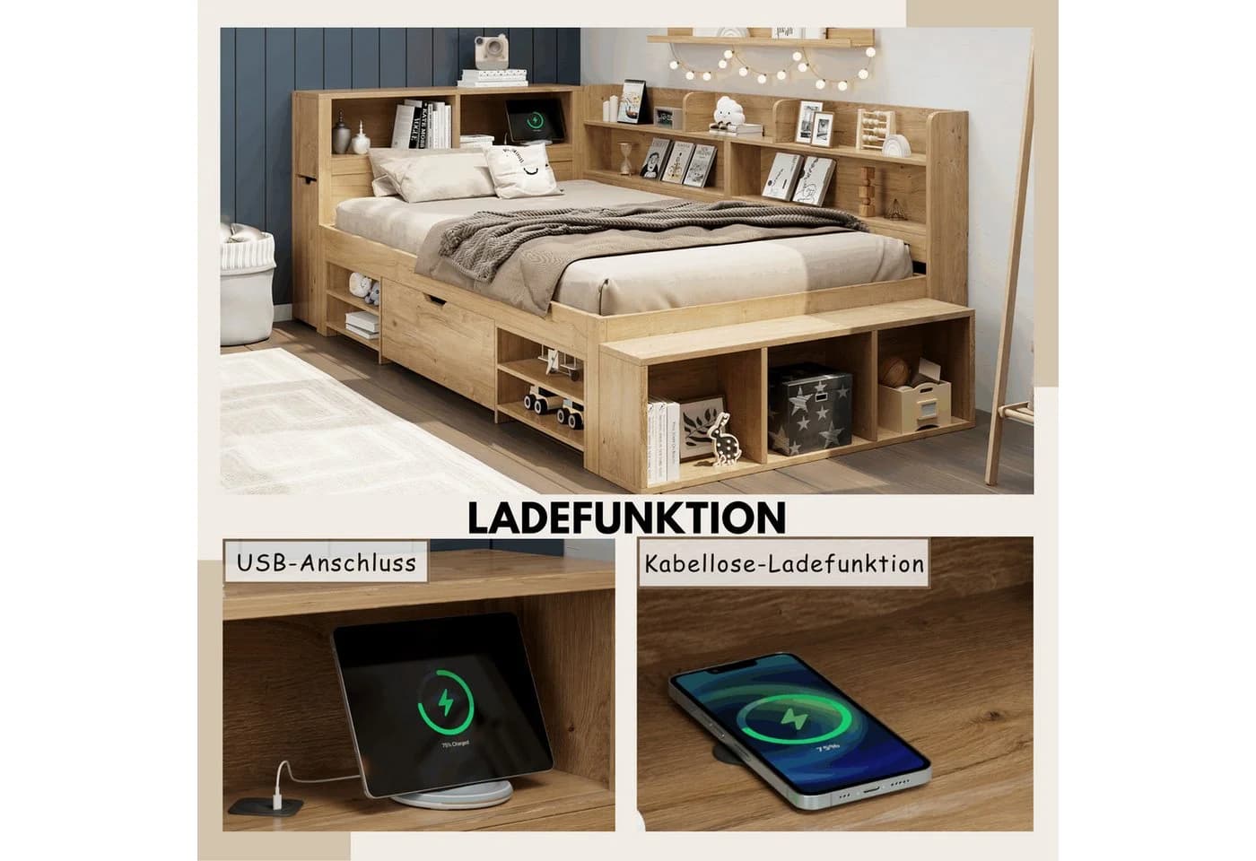 SeedWave Holzbett mit USB-/Kabelloser Ladefunktion & Stauraum - Bild 3