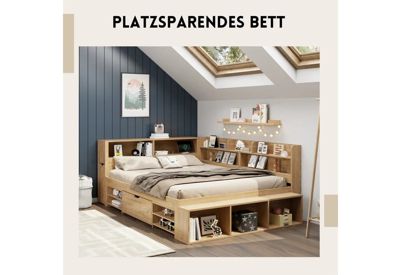 SeedWave Holzbett mit USB-Ladefunktion & Stauraum