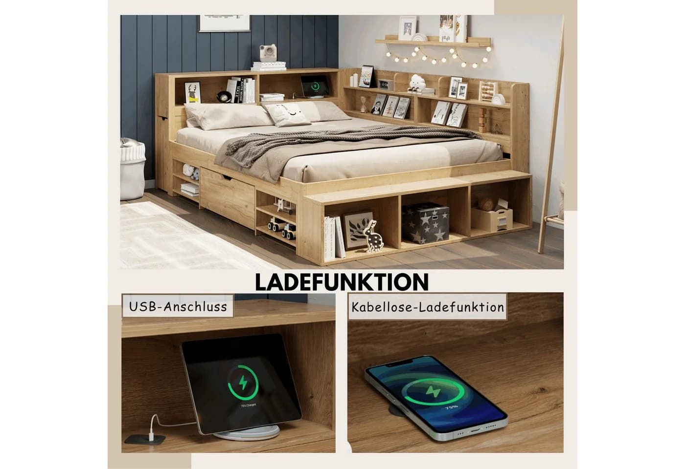 SeedWave Holzbett mit USB-Ladefunktion & Stauraum - Bild 3