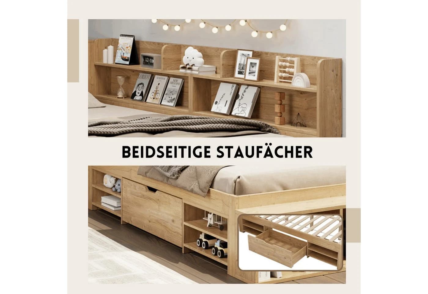 SeedWave Holzbett mit USB-Ladefunktion & Stauraum - Bild 4