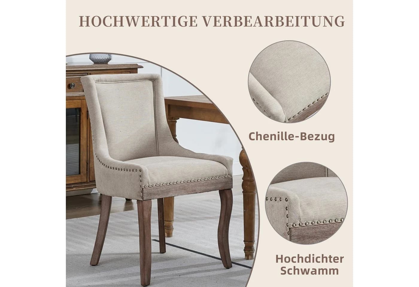 SeedWave Esszimmerstuhl 2er-Set Chenillebezug Holzfüße Beige - Bild 3