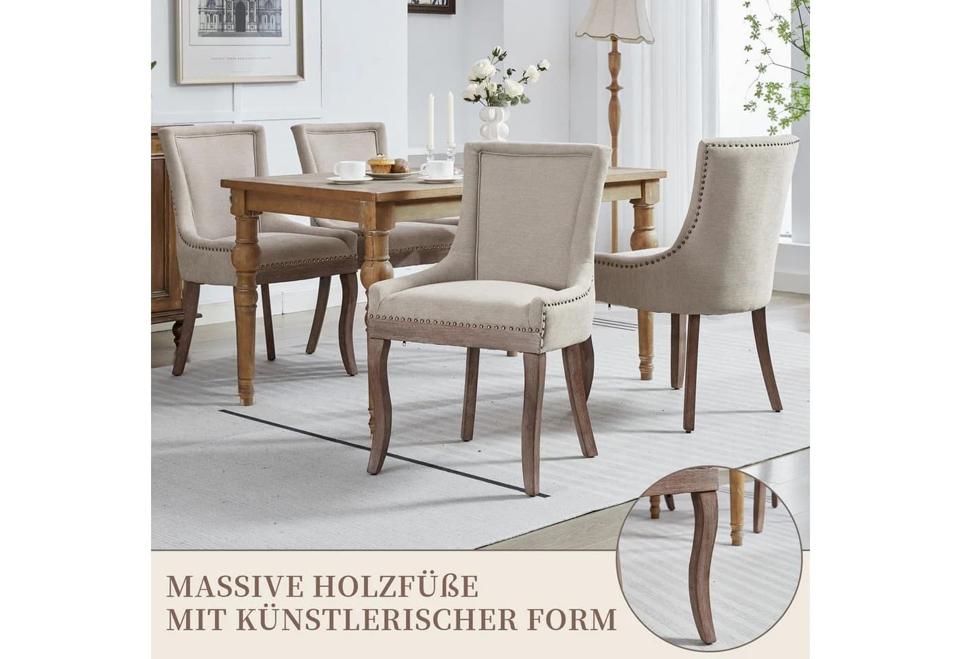 SeedWave Esszimmerstuhl 2er-Set Chenillebezug Holzfüße Beige - Bild 5
