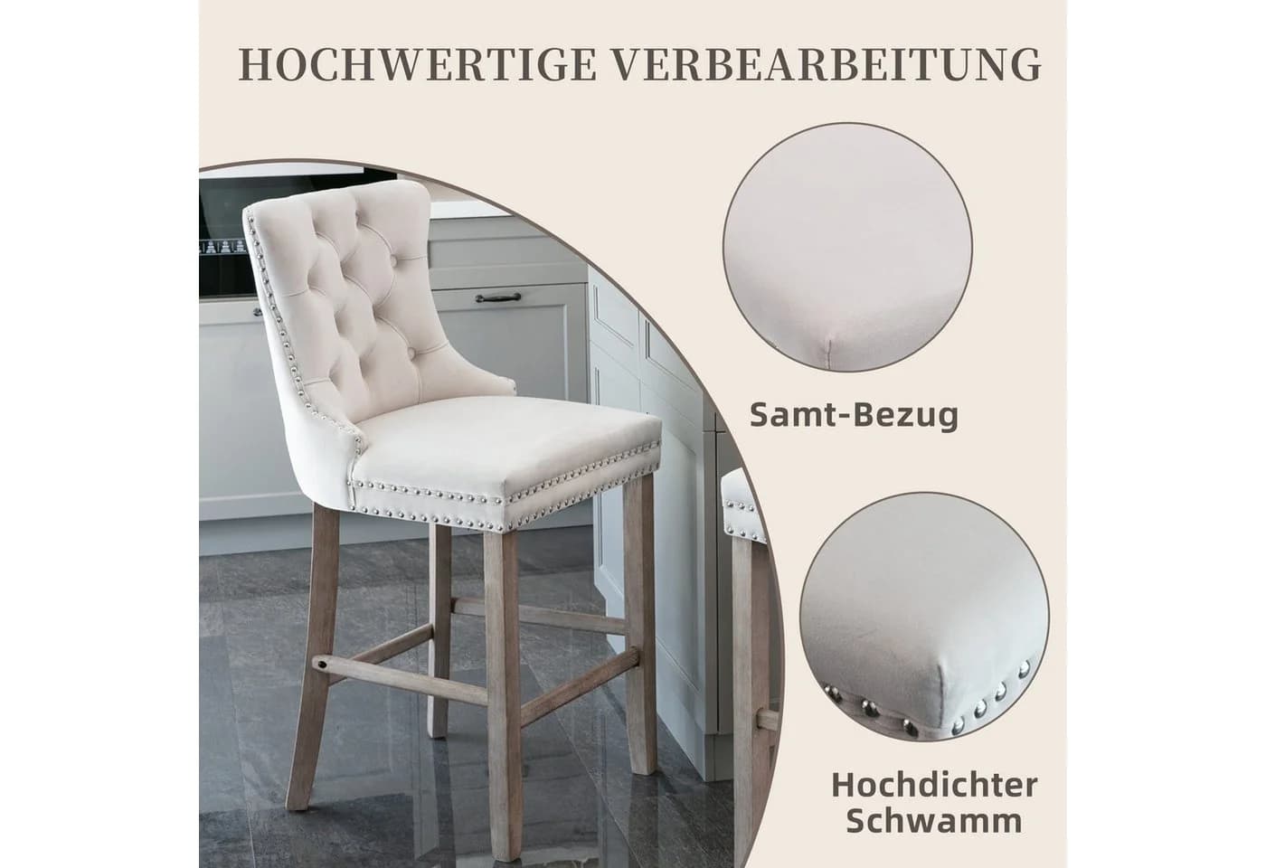 SeedWave Barhocker 2er-Set Beige Samt mit Rückenlehne - Bild 3