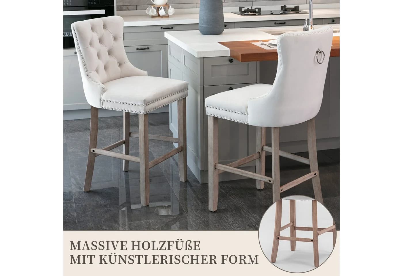 SeedWave Barhocker 2er-Set Beige Samt mit Rückenlehne - Bild 5