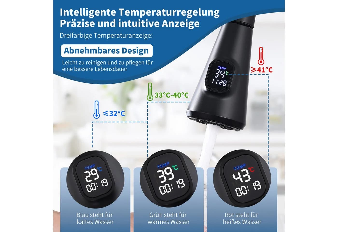 HOMELODY Küchenarmatur ausziehbar 360° LED-Digitalanzeige Schwarz