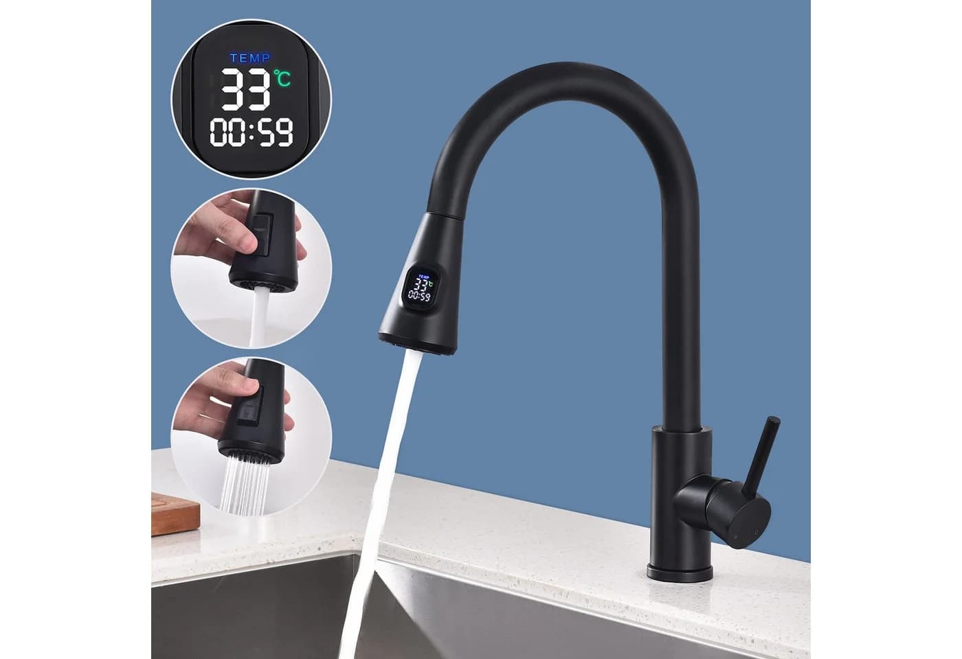 HOMELODY Küchenarmatur ausziehbar 360° LED-Digitalanzeige Schwarz - Bild 2