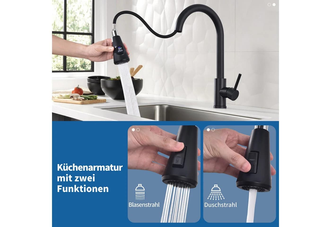 HOMELODY Küchenarmatur ausziehbar 360° LED-Digitalanzeige Schwarz - Bild 4