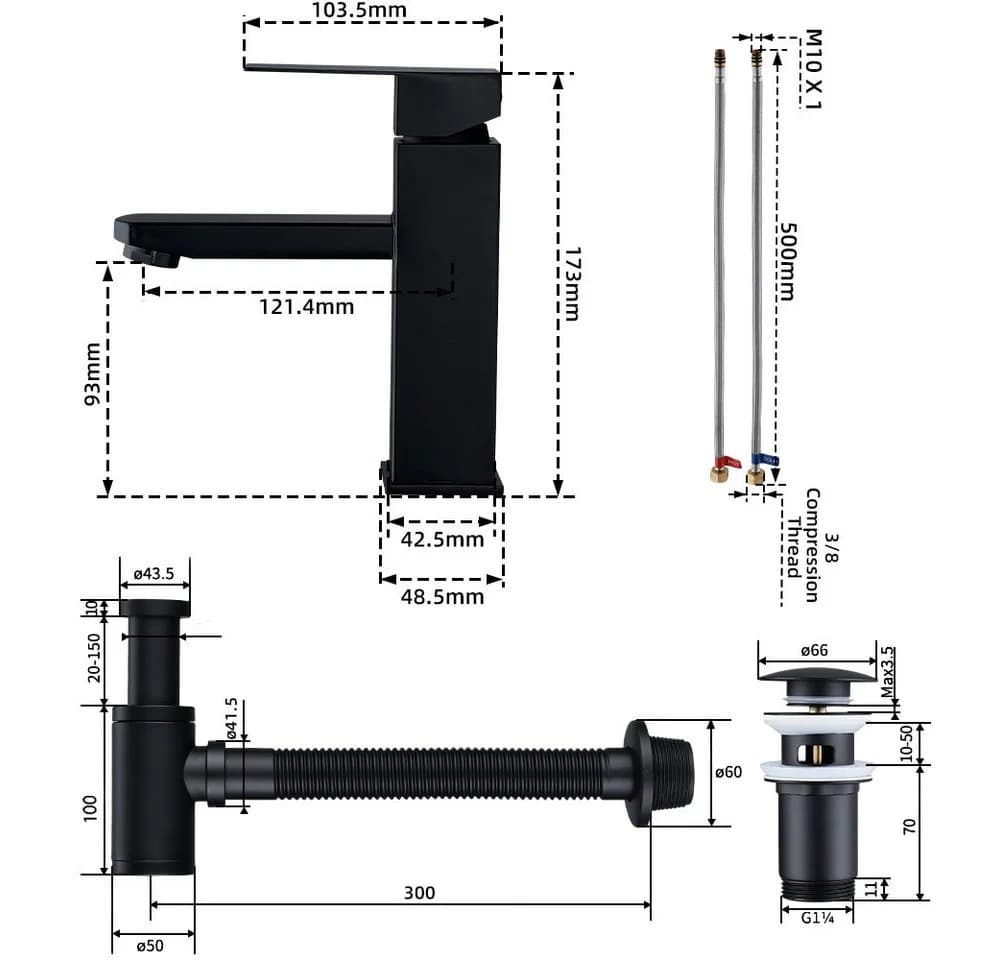HOMELODY Waschtischarmatur Schwarz Pop-Up Ablaufventil Universal Siphon - Bild 3