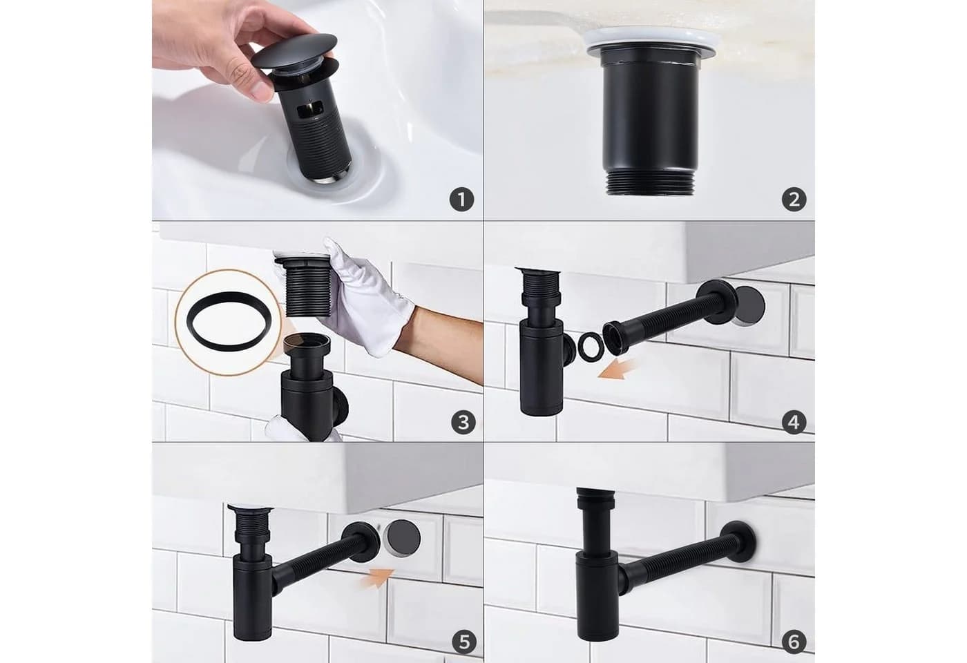 HOMELODY Waschtischarmatur Schwarz Pop-Up Ablaufventil Universal Siphon - Bild 5