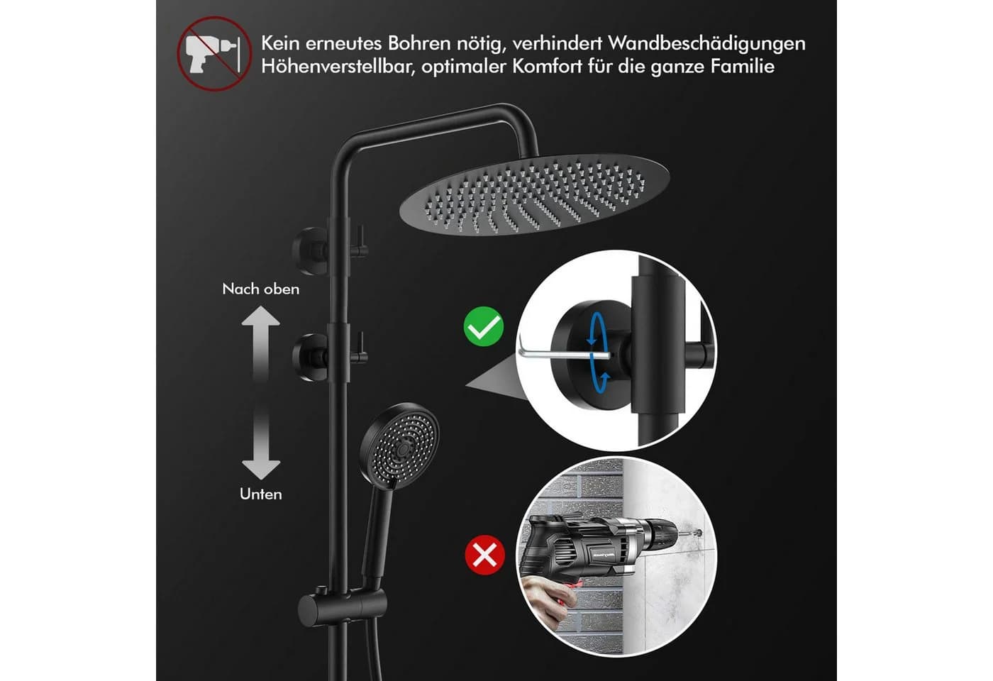 HOMELODY Duschsystem 300mm Regendusche Edelstahl Schwarz - Bild 3