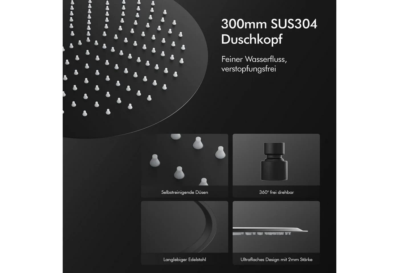 HOMELODY Duschsystem 300mm Regendusche Edelstahl Schwarz - Bild 4