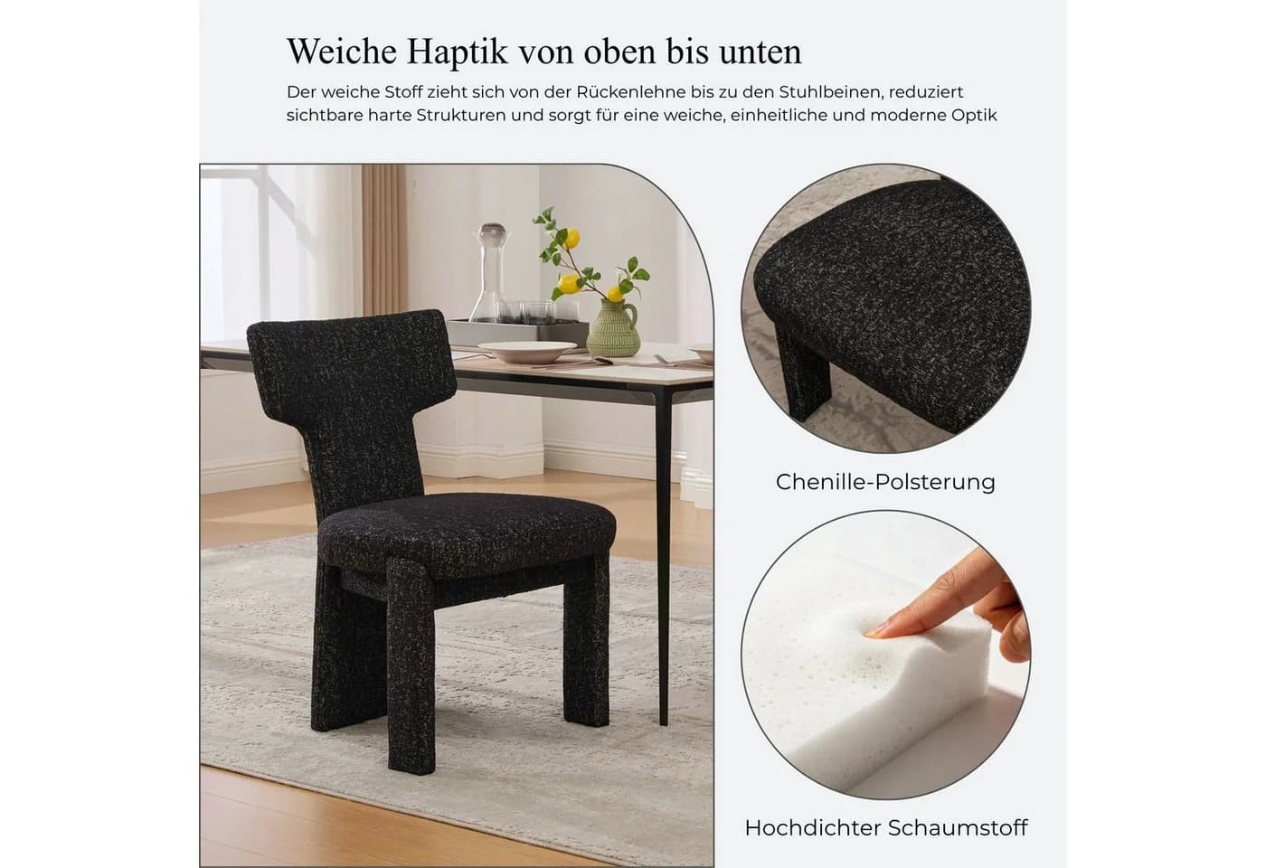 SeedWave Esszimmerstuhl 2er-Set Schwarz Chenille T-Rückenlehne - Bild 3