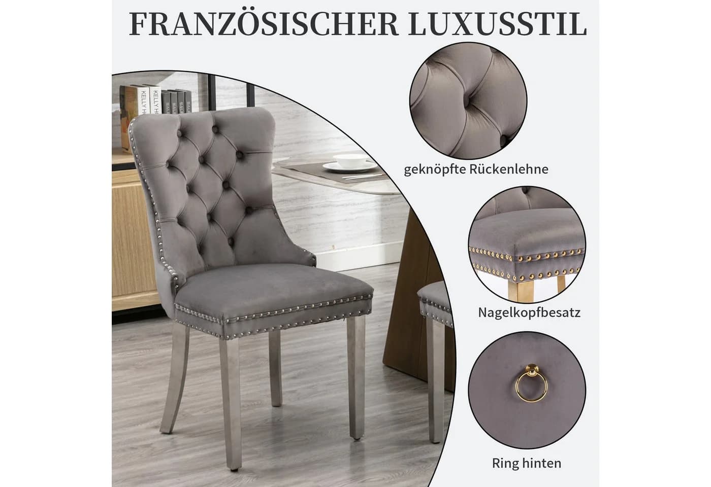SeedWave Esszimmerstuhl 2er-Set Samt grau mit hoher Lehne - Bild 3