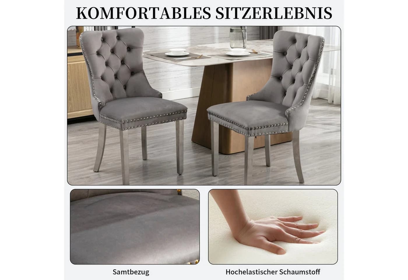 SeedWave Esszimmerstuhl 2er-Set Samt grau mit hoher Lehne - Bild 4