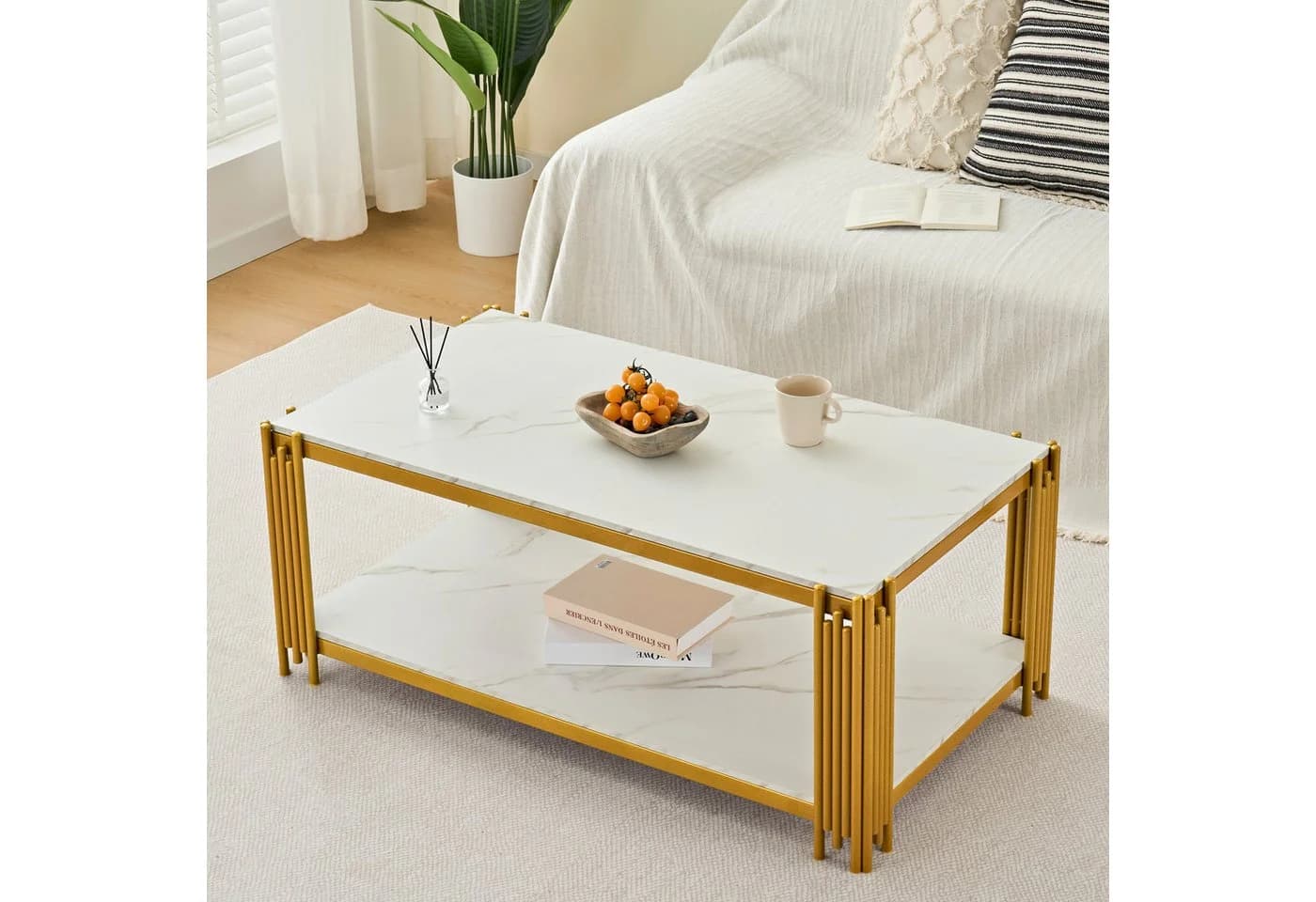 Fine Life Pro Couchtisch Rechteckig Marmoroptik Metallbeine Weiß-Gold - Bild 4