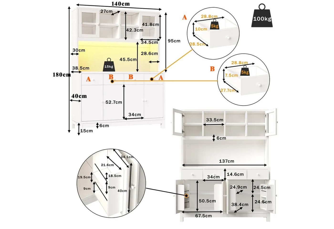 TavilaEcon Küchenbuffet Weiß mit LED & Schubladen - Bild 4