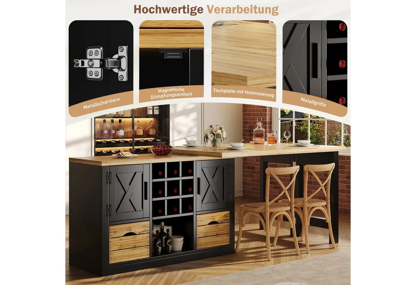 TavilaEcon Ausziehbarer Esstisch mit Holzmaserung und Weinhalter - Bild 5