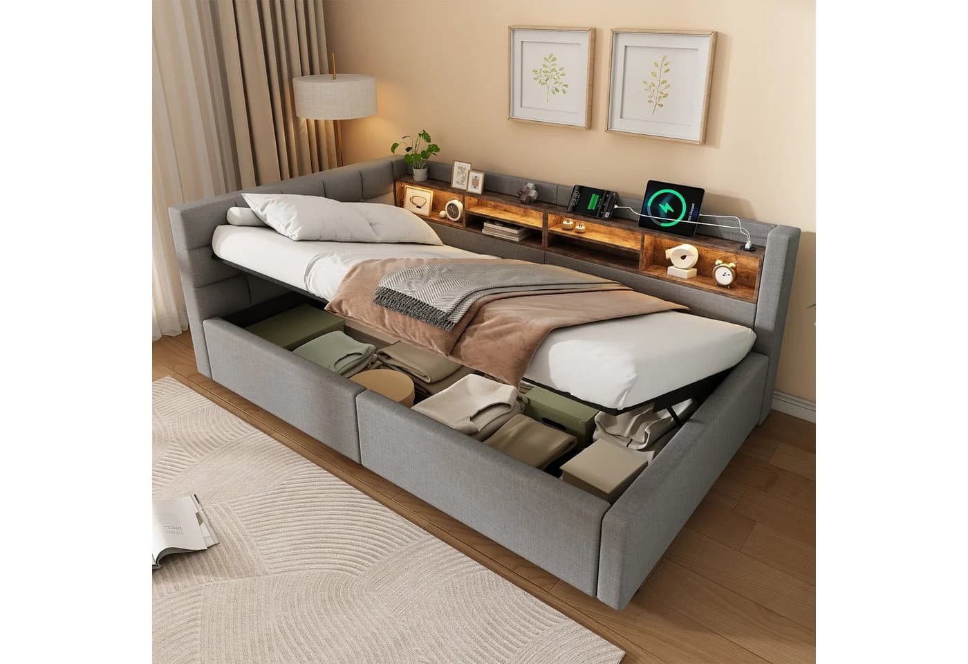 Ulife Daybett mit LED-Beleuchtung und USB-Anschluss Beige/Grau - Bild 2