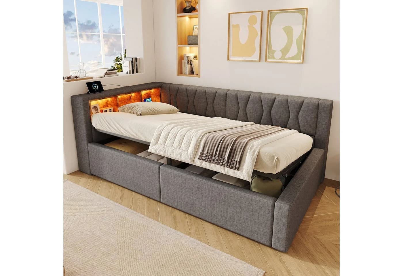 Ulife Daybett mit LED, Stauraum & USB-Anschluss Beige/Grau - Bild 2