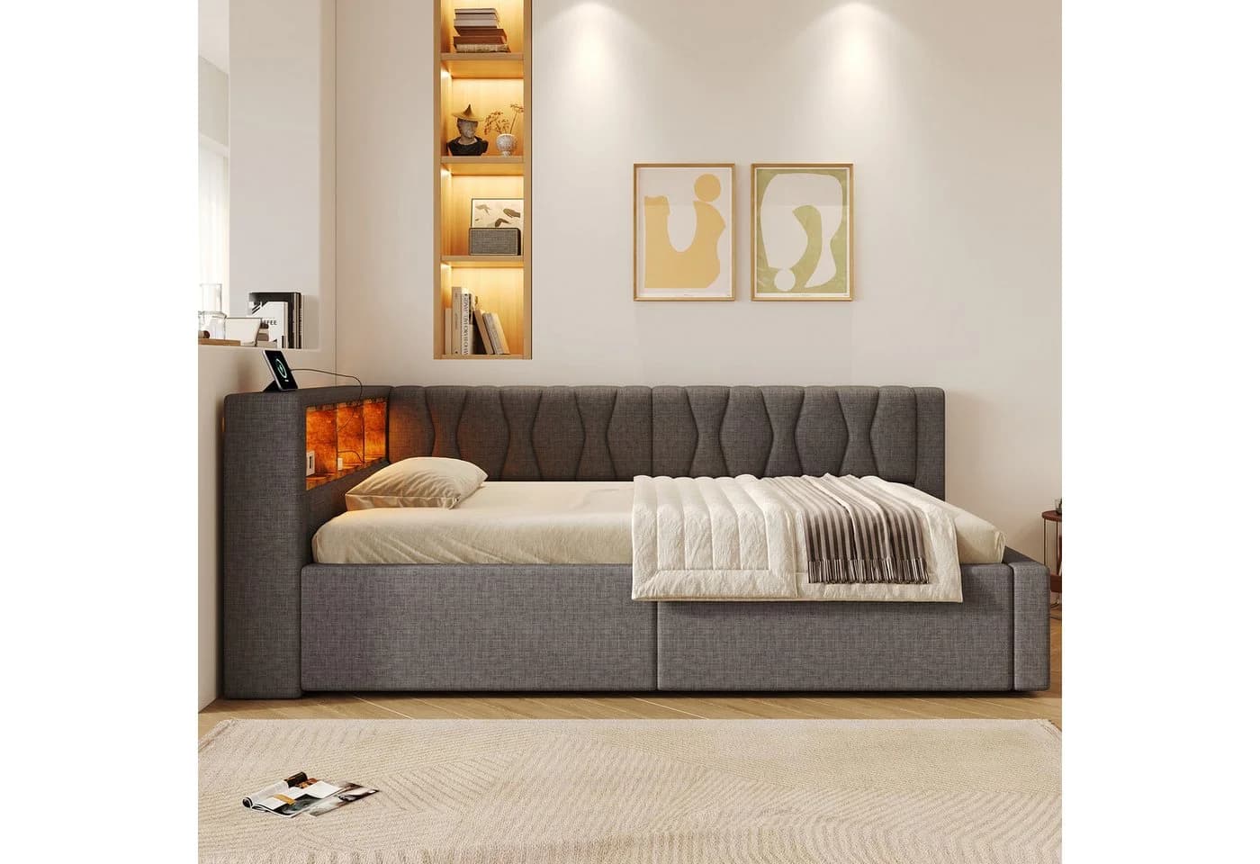 Ulife Daybett mit LED, Stauraum & USB-Anschluss Beige/Grau - Bild 4