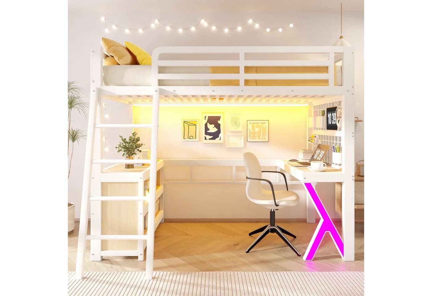 Ulife Hochbett mit Schreibtisch und LED-Lichtleiste Weiß - Bild 3