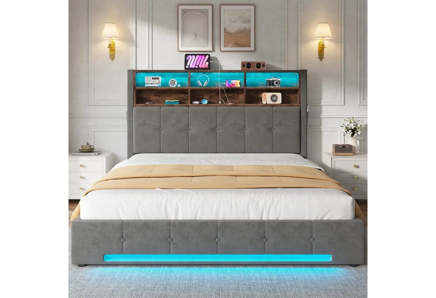 TavilaEcon Boxspringbett grau mit USB-C, LED & Samtbezug