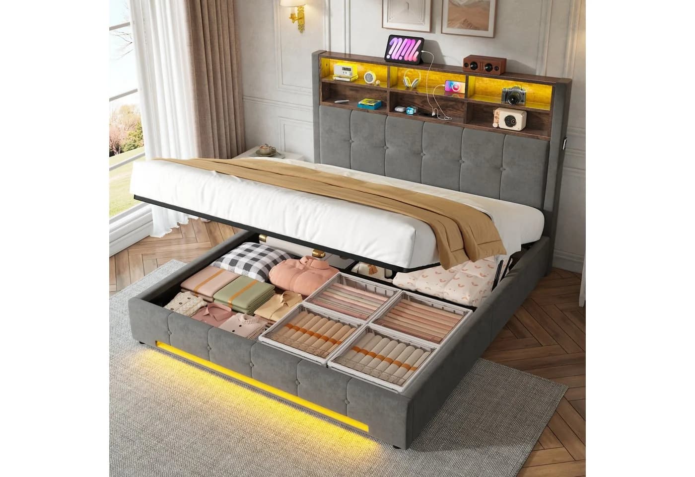 TavilaEcon Boxspringbett grau mit USB-C, LED & Samtbezug - Bild 2