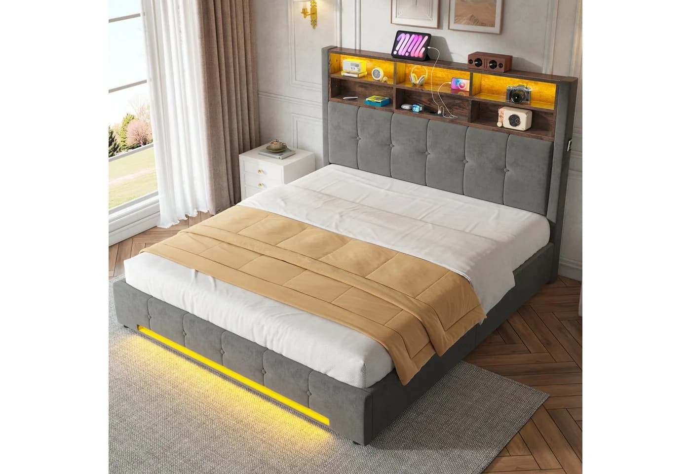 TavilaEcon Boxspringbett grau mit USB-C, LED & Samtbezug - Bild 3