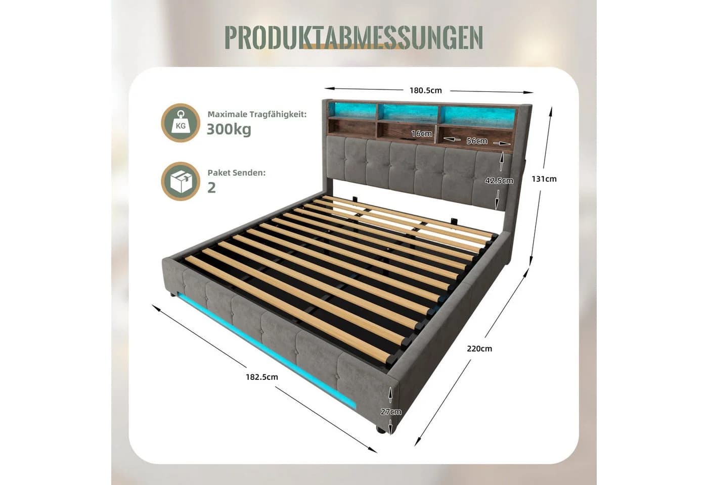 TavilaEcon Boxspringbett grau mit USB-C, LED & Samtbezug - Bild 4