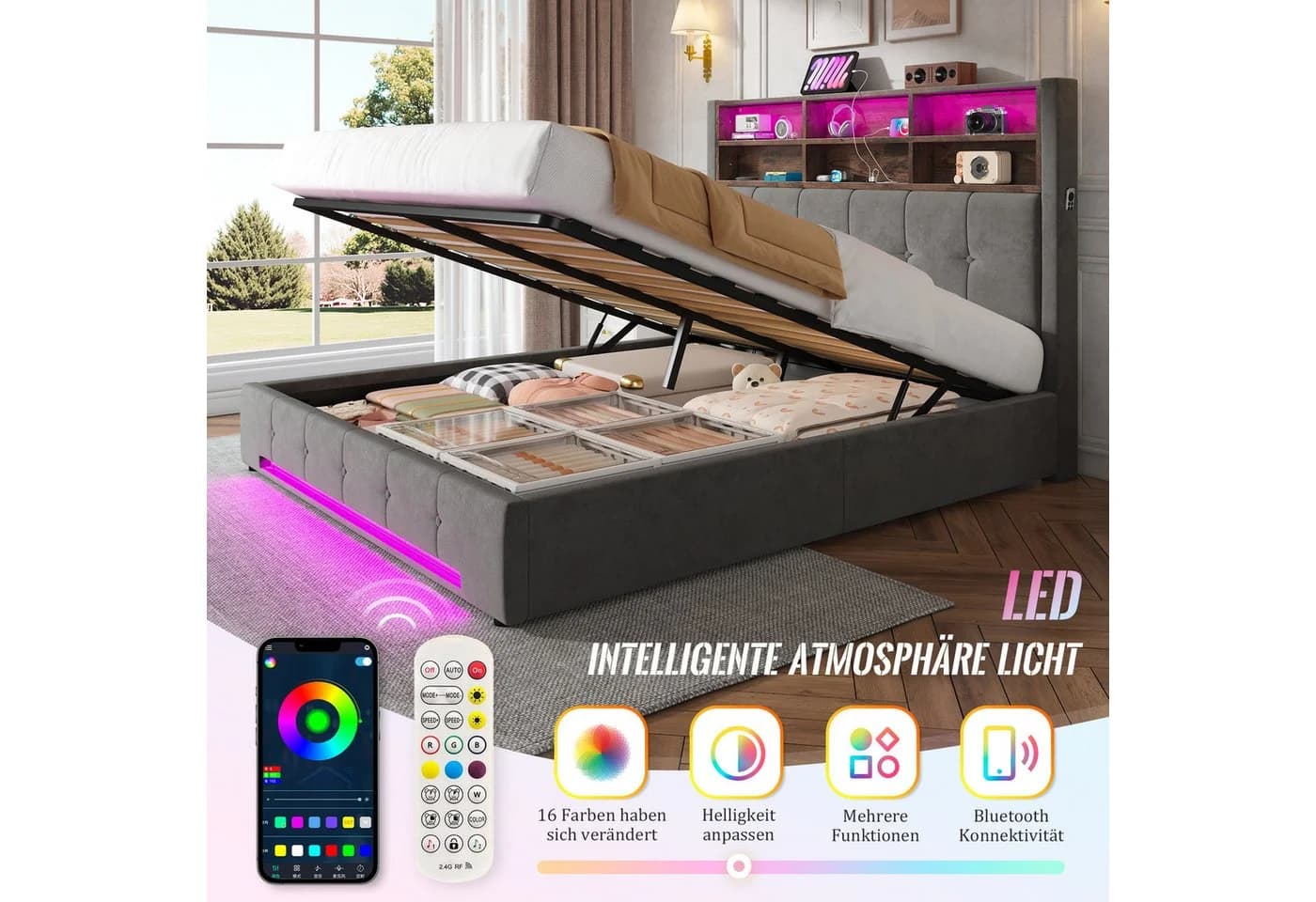 TavilaEcon Boxspringbett grau mit USB-C, LED & Samtbezug - Bild 5