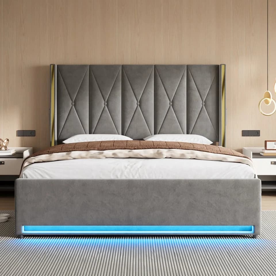 TavilaEcon Boxspringbett Veloursbett mit LED-Beleuchtung und Stauraum grau/beige